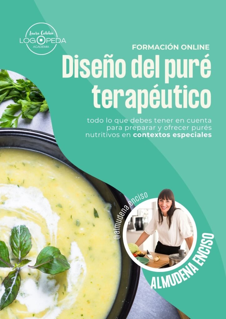 Cartel de la formación online Diseño del puré terapéutico, impartida por Almudena Enciso, sobre purés nutritivos en contextos especiales.